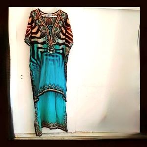 Woodford & Reay Turquoise Zebra High Low Kaftan Dress